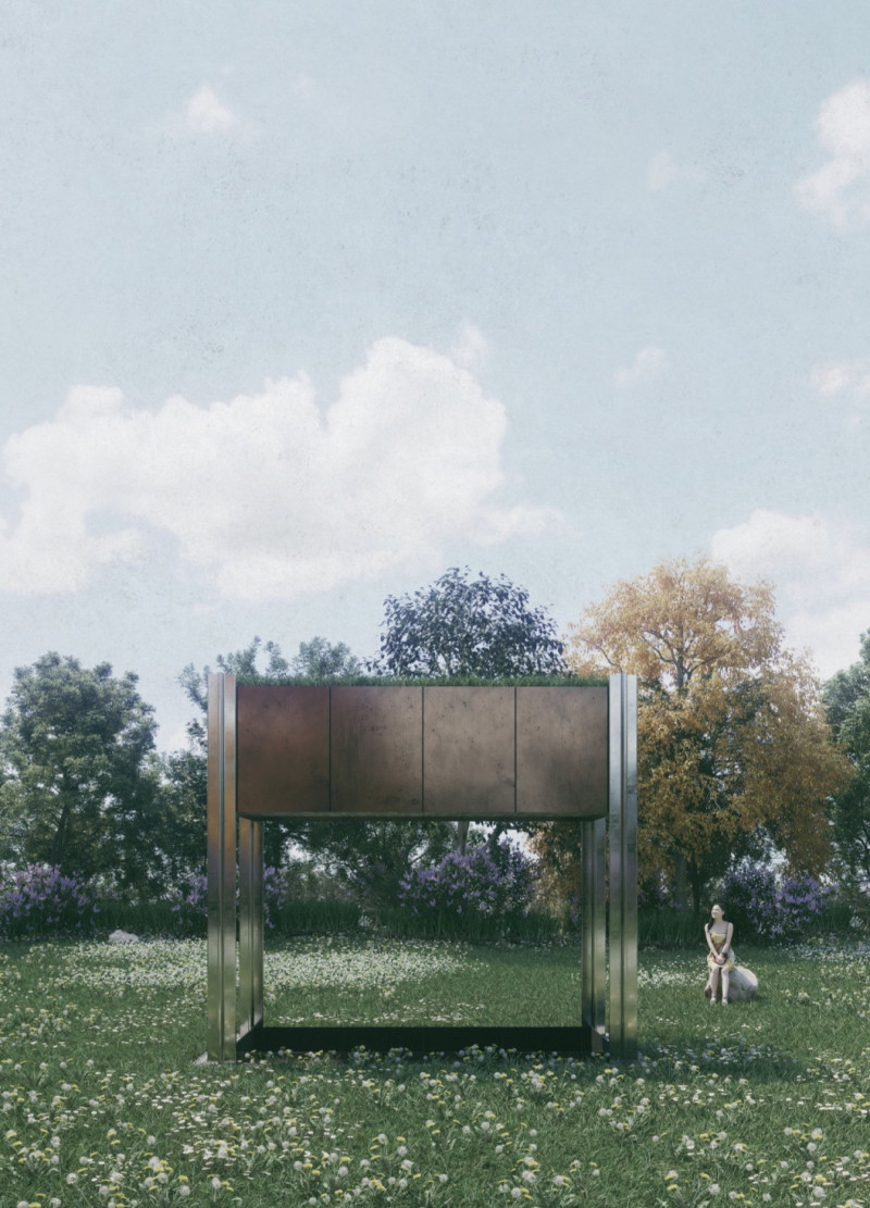 Reflective Steel and Bronze Memorial Integrating Nature and Historical Narrative