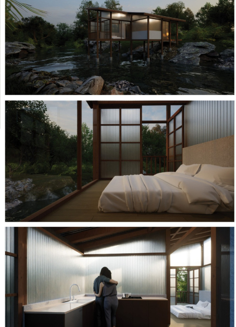 Lamboo Structure Embracing Water's Flow for off-Grid Living