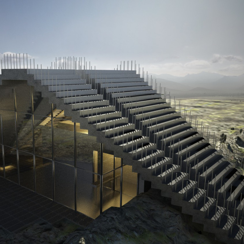 Lava Stone Shelter with Water Collection System and Observation Platform