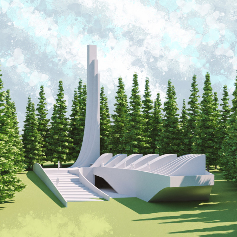 Dim Light and Public Pillars in a Reflective Memorial Space