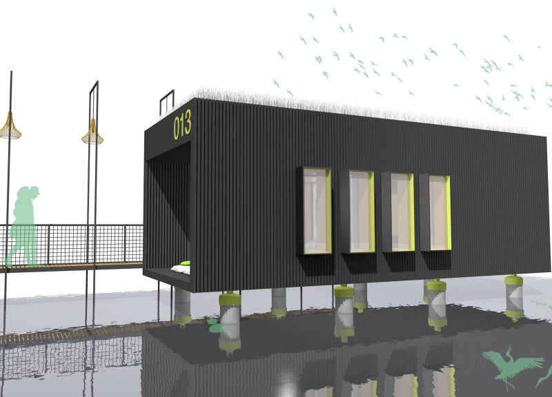 Charred Wood Retreat Above Rice Paddies with Sustainable Bamboo Elements