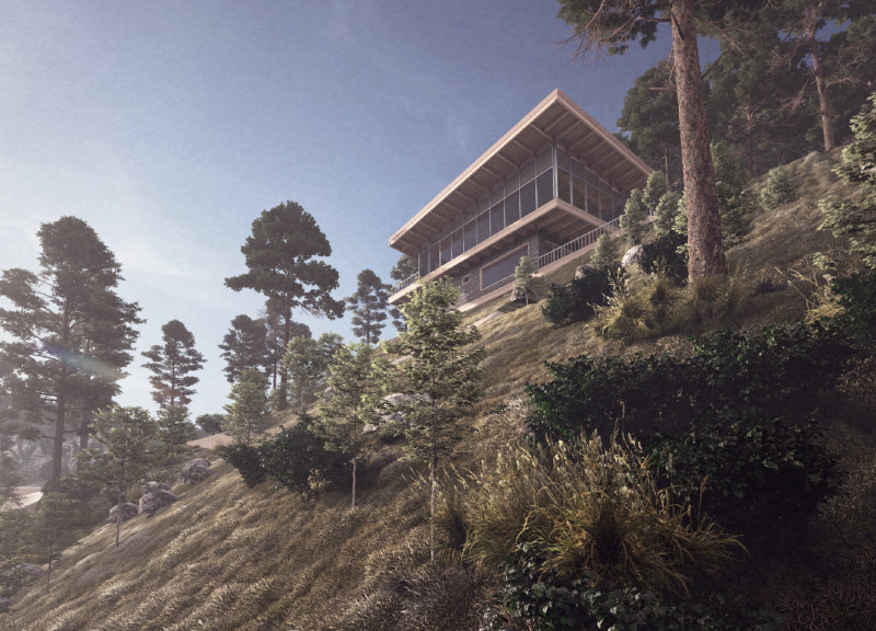 Thermal Mass and Glazed Overhang in a Yoga Studio Embracing the Landscape