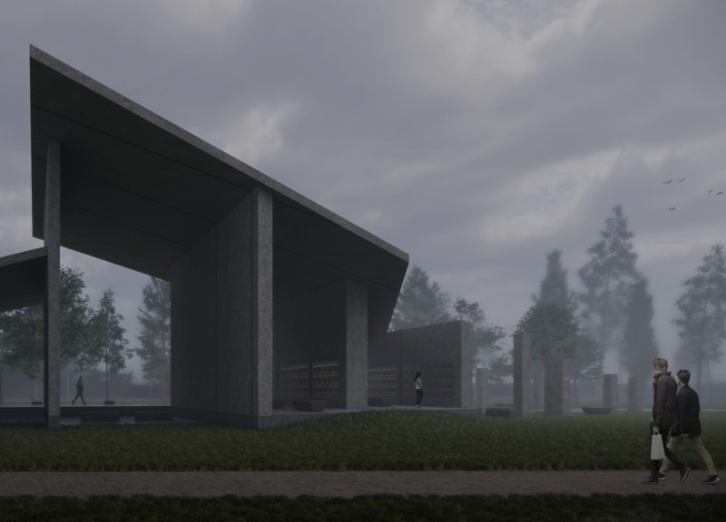 Recycled Concrete and Bronze Trims Within a Reflective Columbarium Design