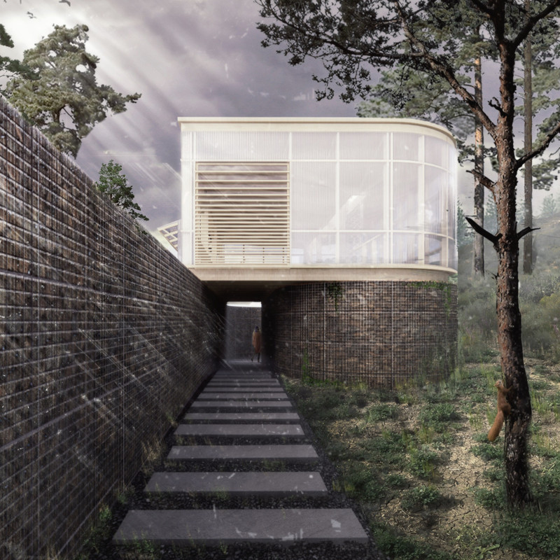 Curvilinear Gabion Walls and Translucent Spaces in a Mountain Retreat