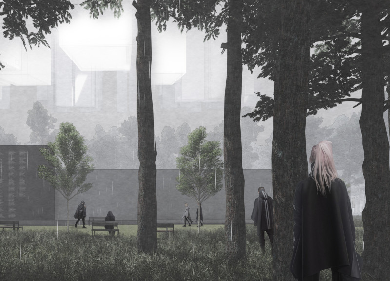 Underground Reflection Space Blending Reinforced Concrete and Glass in a Contemporary Memorial Setting