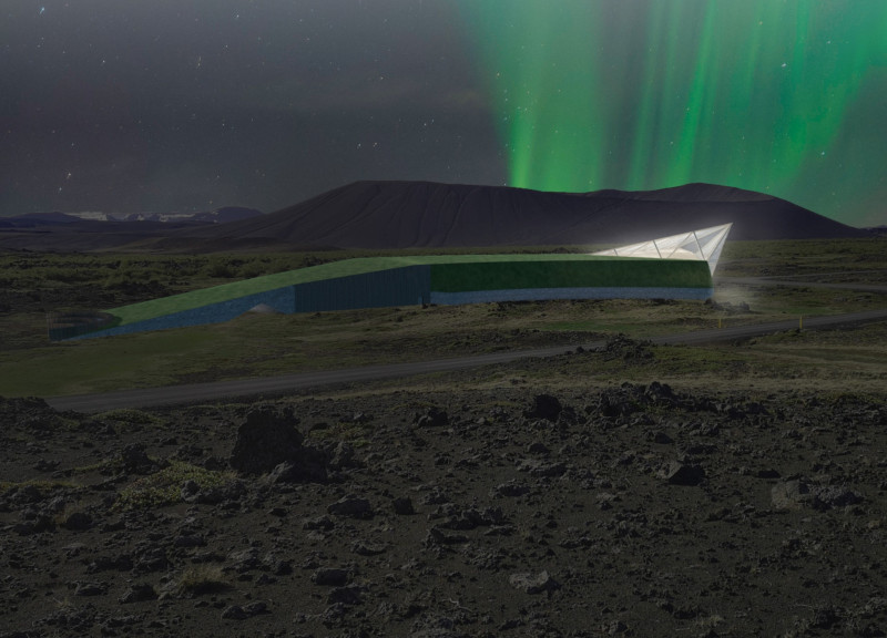 Hexagonal Cinema with Green Gable Roof and Concrete Structure