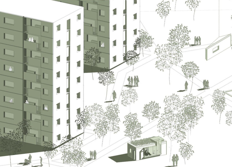 Pollution-Reducing Facade with Titanium Dioxide and Green Roof Integration