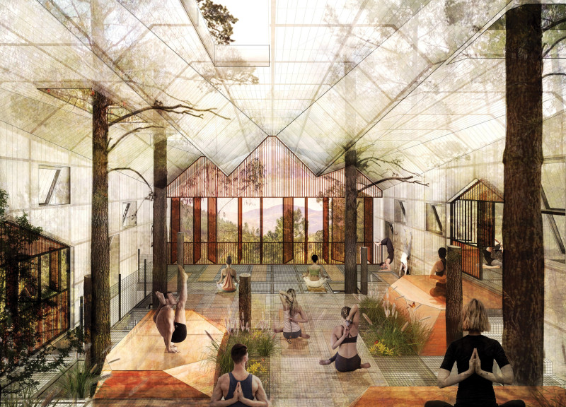 Harmonizing Sustainable Design with Polycarbonate Roofs and Integrated Tree Canopies for a Yoga Retreat