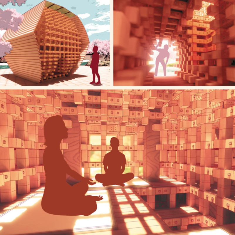 Lattice-Structured Sanctuary Featuring Keyaki and Hinoki Wood