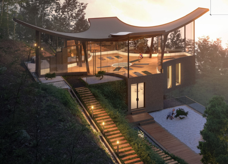 Living Roof Supported by Charred Wooden Shingles and Concrete Framework for Community Engagement