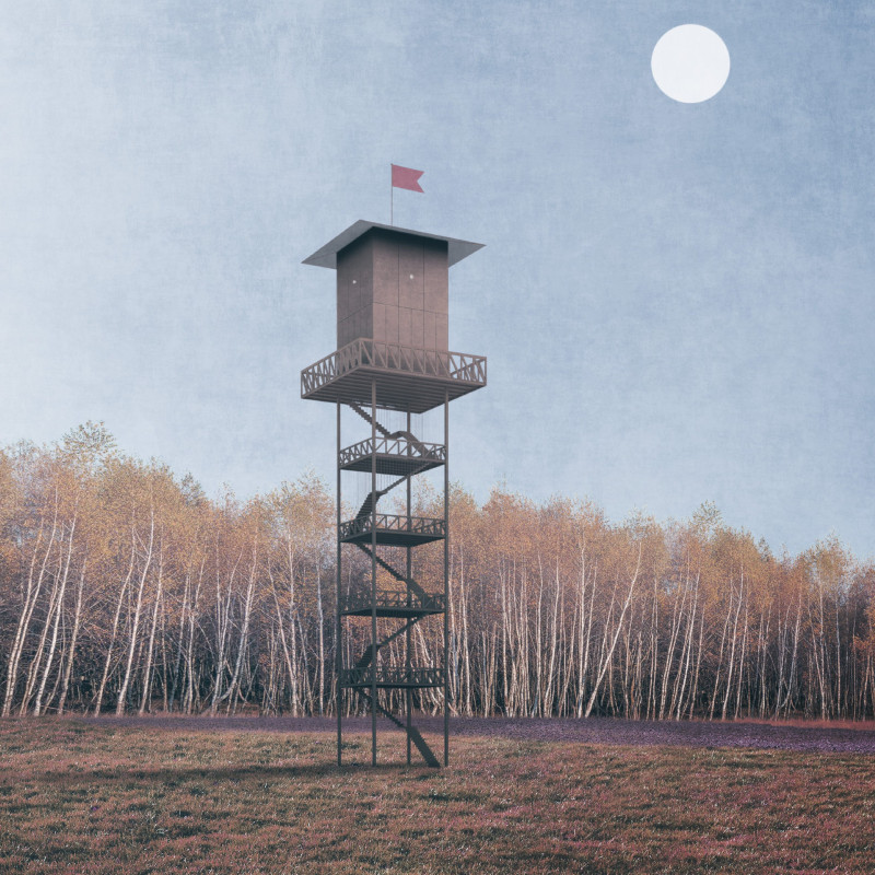 Wooden Shutters Framing Panoramic Views in a Glass Observation Tower