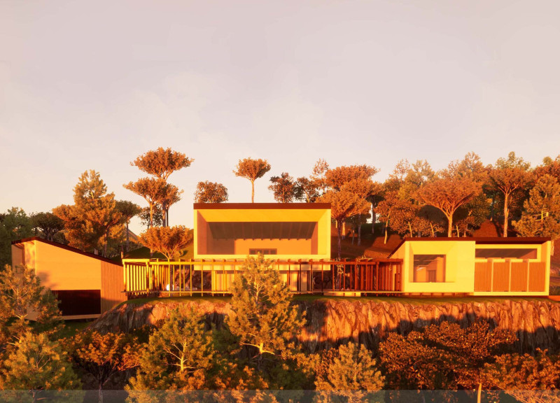 Rammed Earth Retreat Emphasizing Trikonasana in a Natural Landscape