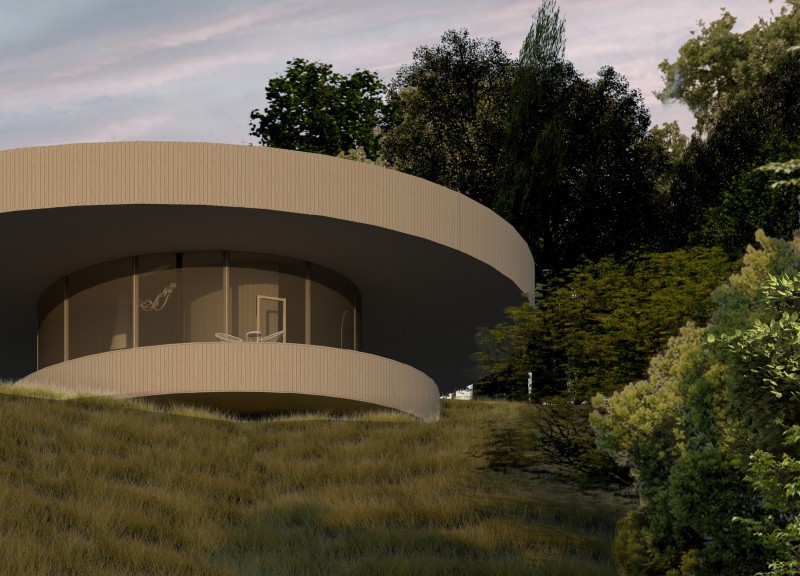 Round Timber Retreat with Expansive Glass Views