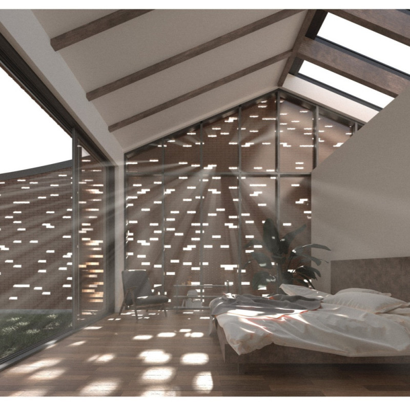 Salvaged Brick Screen Defining Public and Private Spaces in a Dual-Function Residence