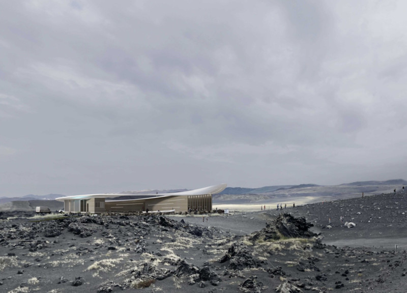 Twisted Roof Structure with Timber Surfaces Overlooking Volcanic Landscape