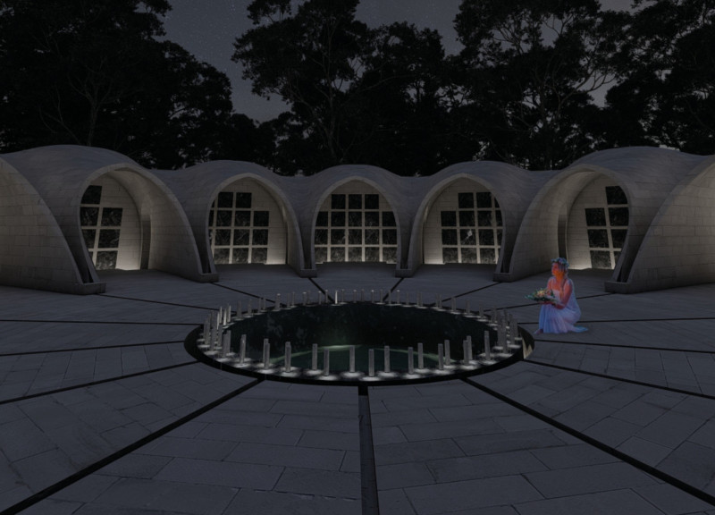 Reflective Skylights and Stone Niches Embrace Nature in Circular Memorial Space