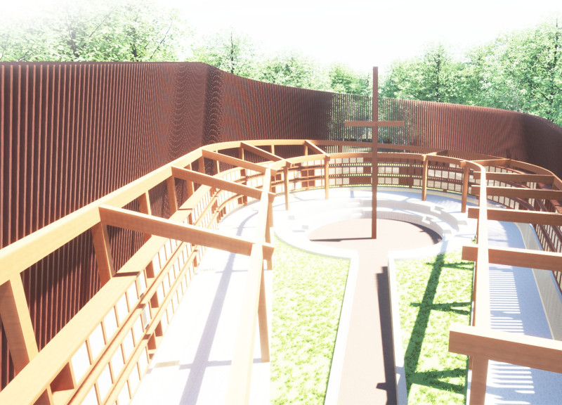 Timber Niches in Gray Stone for Reflection and Community Mourning