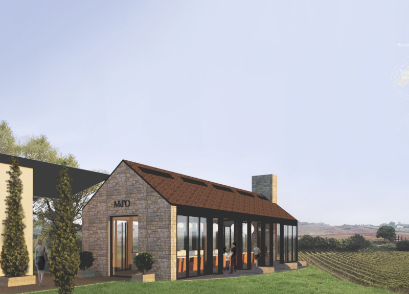 Spherical Lighting and Limestone Walls Define a Communal Tasting Space