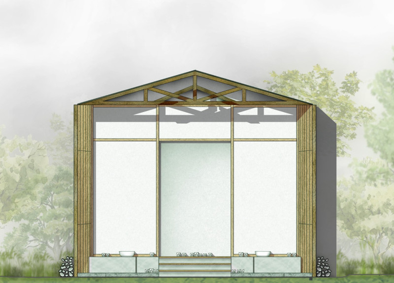 Rainwater Integration and Timber Structure in a Tranquil Meditation Environment