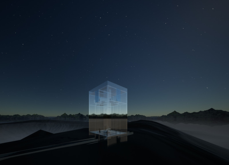 Mirrored Transparency in a Cuboid Structure Enhancing Volcanic Views