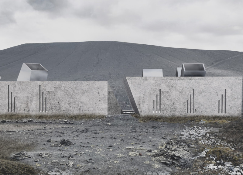 Volcanic Ash Structure with Organic Forms and Green Ramps