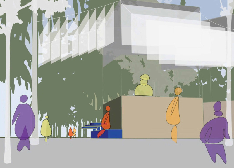 Interplay of Blue Metal and Natural Elements in a Forest Gathering Space