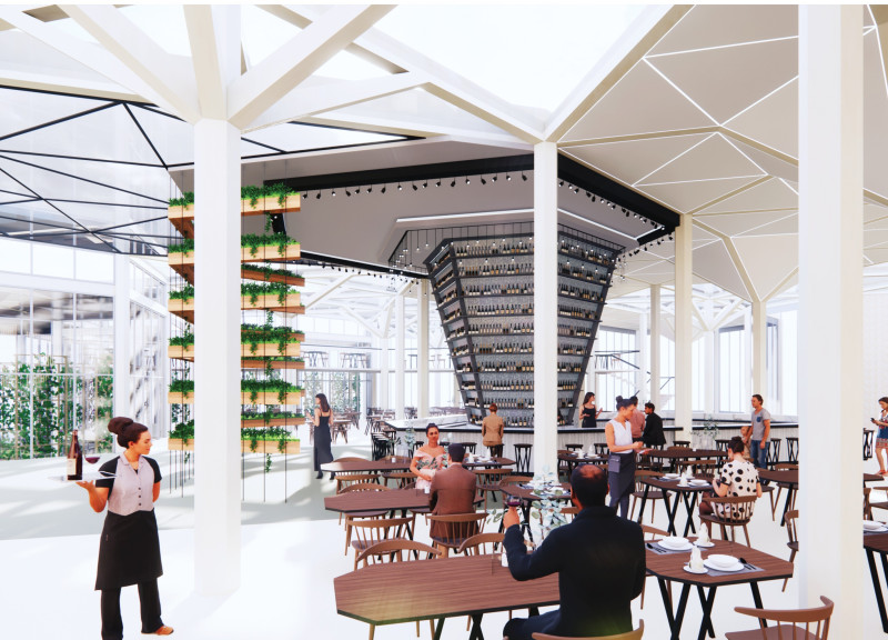 Suspended Plant Shelves Integrate Natural Light in a Multi-Functional Coastal Restaurant