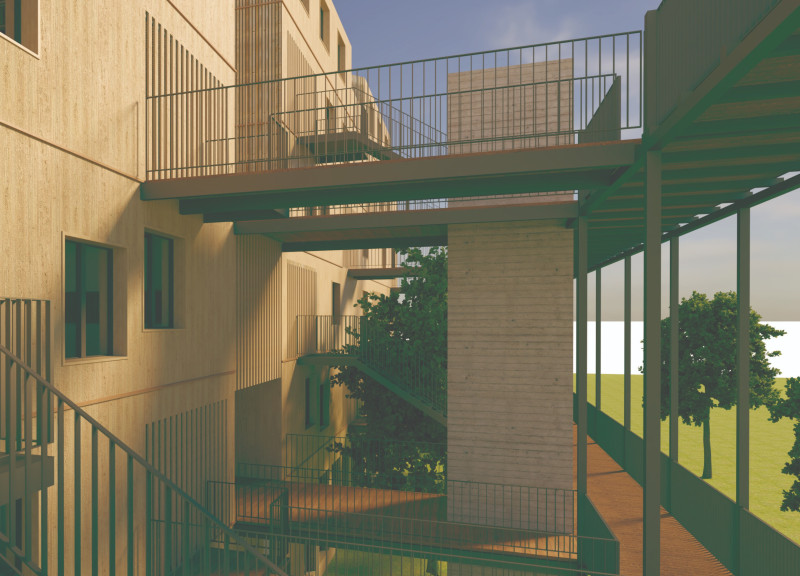 Stacked Timber Modules with Private Entrances for Community Living