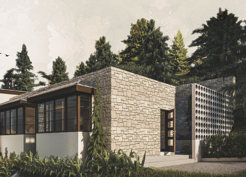 Cliffside Retreat with Cut Stone and Geometric Breeze Blocks