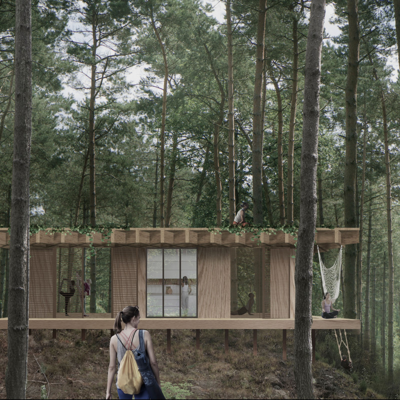 Core Structures Overlooking the Valley with Sustainable Wood and Stone Elements