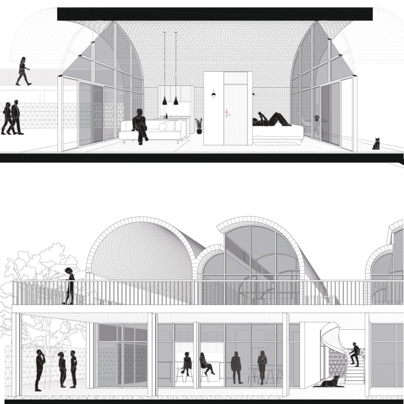 Ceramic Brick Structure with Permeable Latticework Enhancing Community Engagement