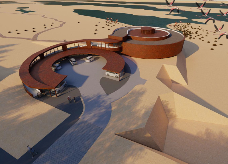 Corten Steel Wind Tower Enhancing Natural Ventilation in a Visitor Center