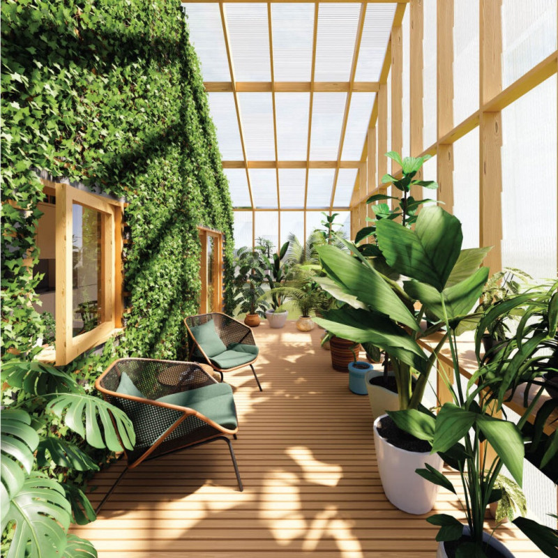 Indoor Garden Space Created with Recycled Materials and Concrete Construction