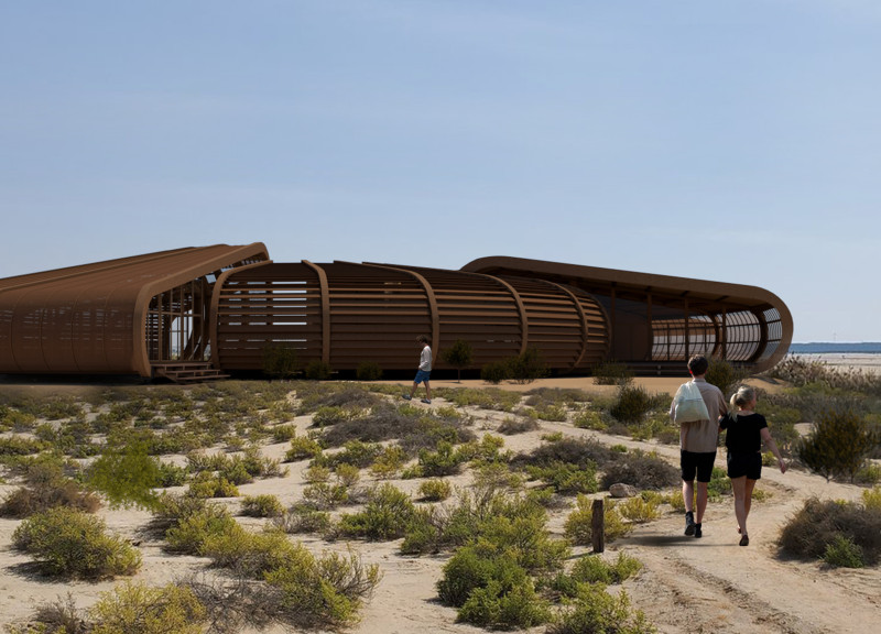 Laminated Wood Structure Featuring a Central Patio in a Coastal Landscape