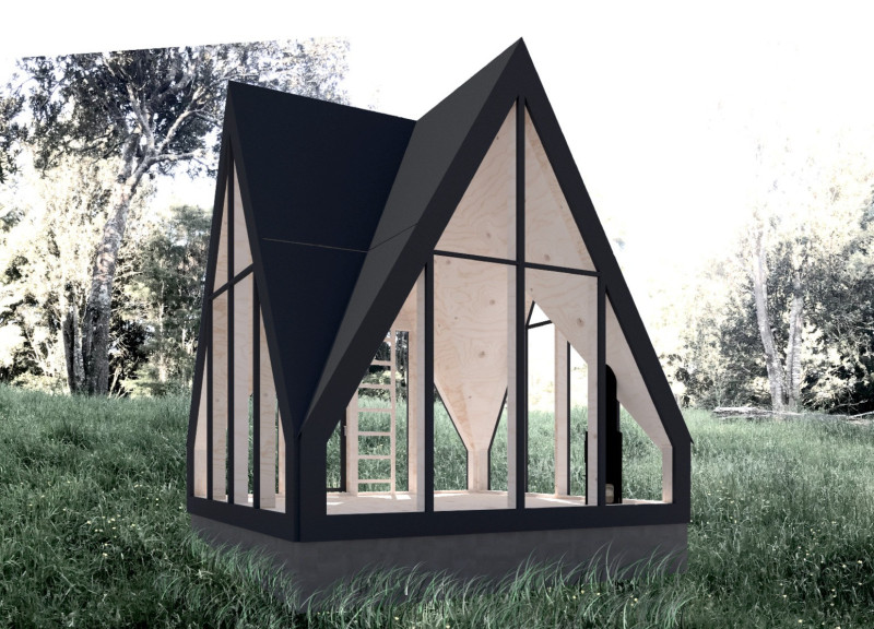 Symmetrical Wood Cabin with HPL Panel Roof and Meditative Altar
