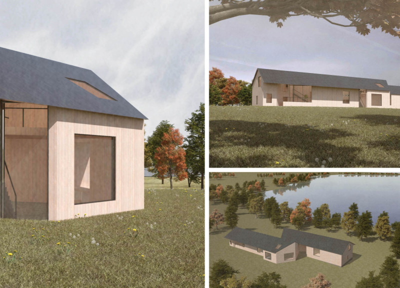 Sliding Wooden Doors Framing Natural Light in a Serene Lakeside Studio