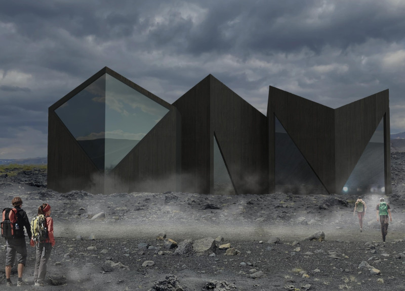 Potted Plants and Multi-Slope Roofs Framing a Community Café