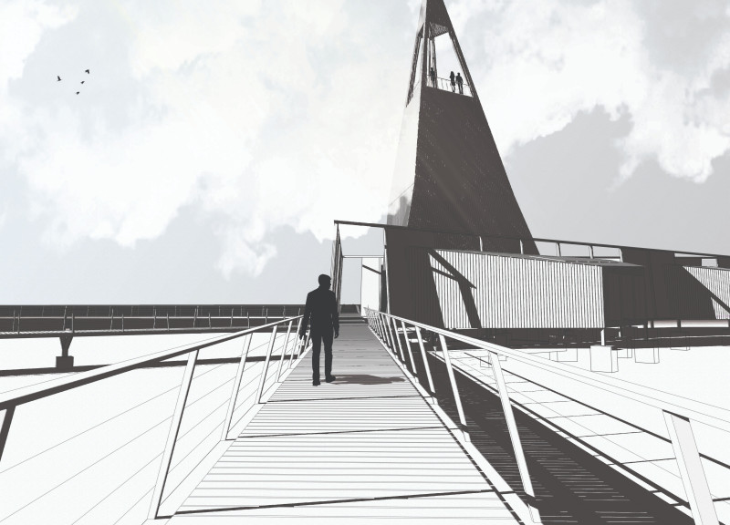 Charred Timber Pavilion with Integrated Raised Walkways over Fault Line