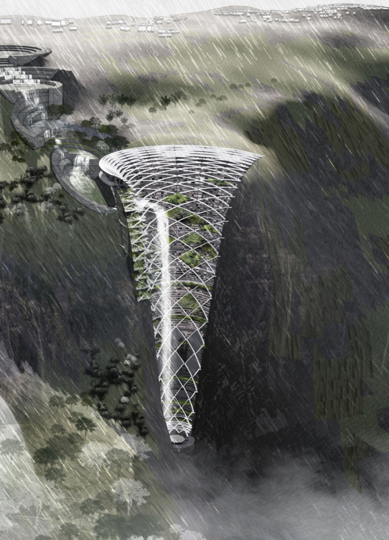 Harnessing Rainwater with Waterfalls in a High-Rise Community