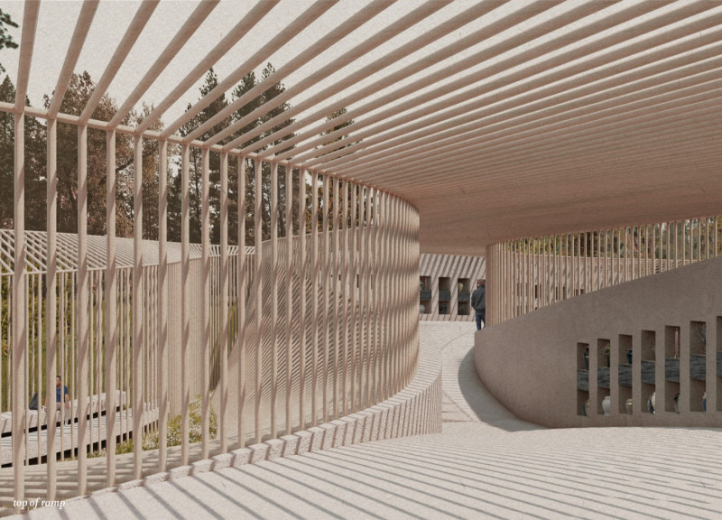 Trellis Canopy over Wood-Clad Niches in a Reflective Space for Grief