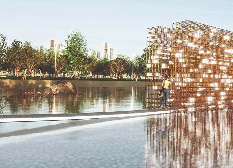 Reflective Copper Structure Emphasizing Social Justice and Resource Awareness