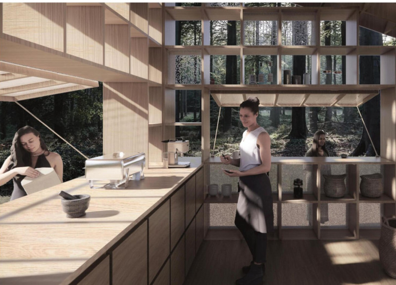 Recycled Polycarbonate Panels and Plywood Structure in a Forest Food Court