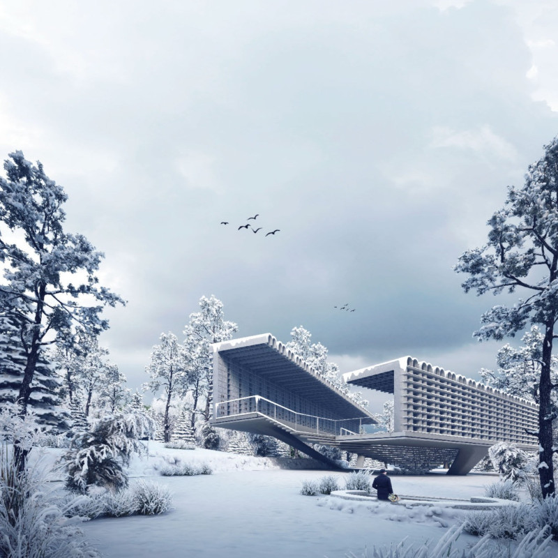 Elevated Reflection with Copper Vases and Concrete Formations