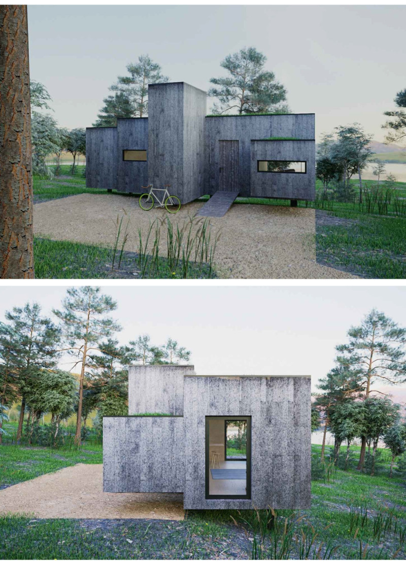 Elevated Shelves and Cork Cladding in a Compact Nature Retreat