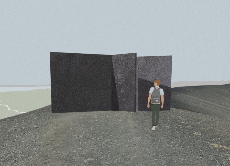 Exploring Compressed Spaces with Steel Walls Amid Volcanic Landscapes
