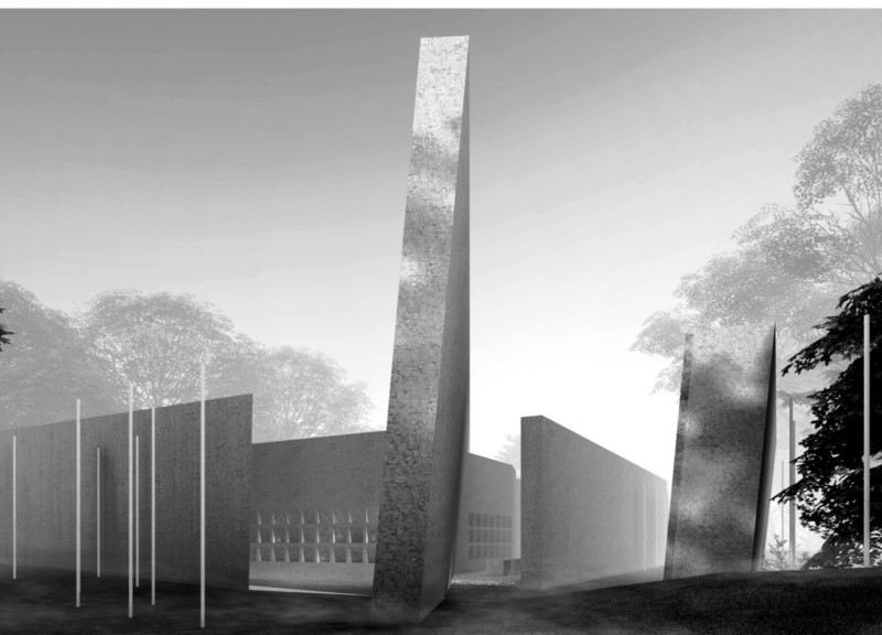 Slanted Concrete Walls Framing a Reflective Water Altar in a Serene Columbarium Setting