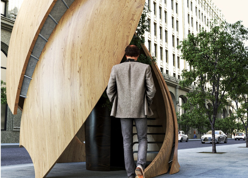 Curved Wood Panels and Fabric Facade Enveloping a Urban Meditation Space