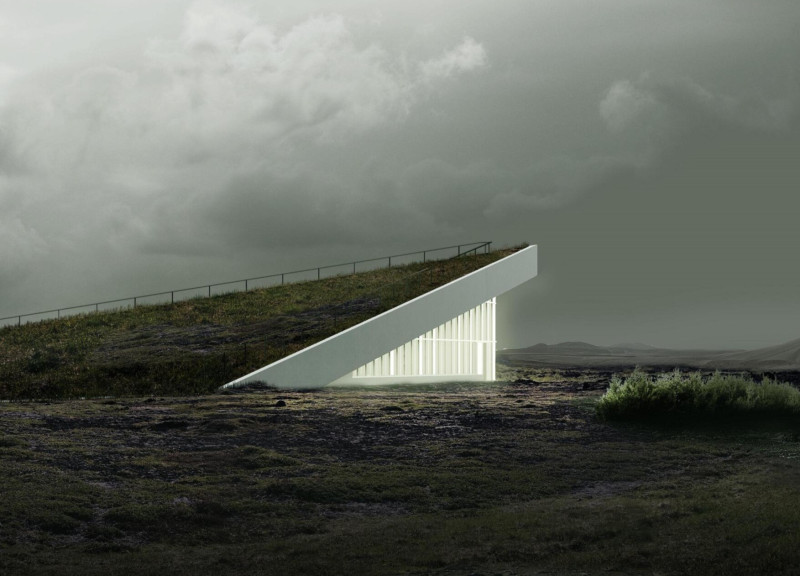 Green Roof Pavilion with Concrete Benches Embracing Icelandic Caves