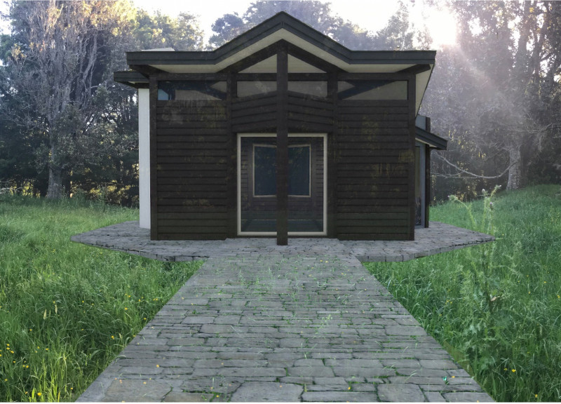 Rainwater Collector Cabin with Glass Panels and Flower Altar