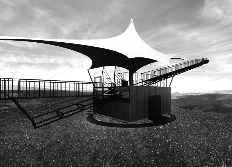 Rotatable Shelter with Polyester Roof Overlooking Volcanic Crater